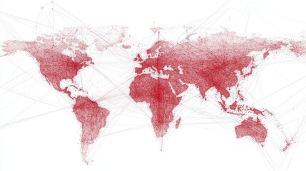 Leinwandbilder - Abstract World Map with Network Connections Representing Global Data Flow and Communication in Red Tones for Technology and Business Illustrations