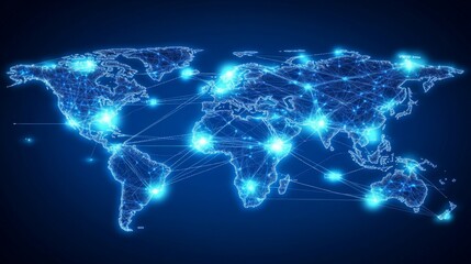 Poster - futuristic digital world map with glowing connections depicting global networking and communication 