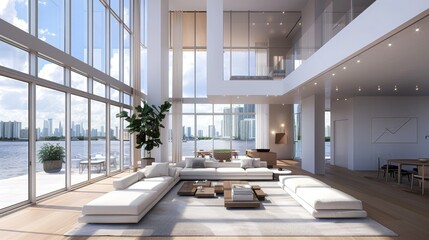 Poster - Light-filled minimalist living room with floor-to-ceiling windows