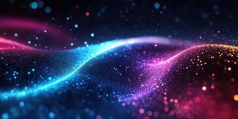 Poster - Abstract Fluid Waves with Colorful Particles and Glowing Sparkles in a Dreamlike Background for Technology and Art Concepts