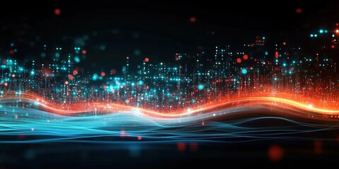 Poster - Colorful Abstract Background with Flowing Lights and Bokeh Effect, Digital Waves and Shimmering Particles Creating a Modern and Futuristic Atmosphere