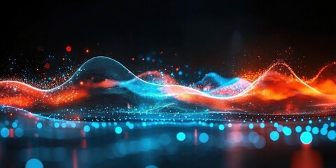 Poster - Abstract Digital Waves with Vibrant Blue and Orange Light Effects Creating a Stunning Visual Display of Motion and Energy in a Dark Background