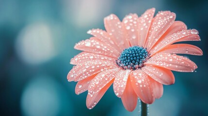 Poster - Dew-kissed Pink Daisy Blossom on a Soft Blue Background, Capturing the Beauty of Nature, Freshness of Morning Dew, and Serenity of a Tranquil Garden Scene