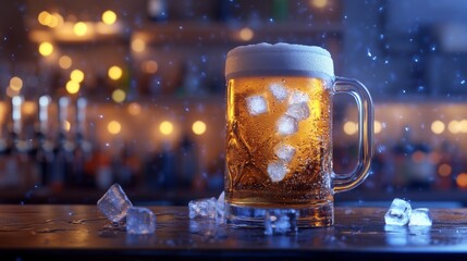 Poster - Chilled Beer Mug with Ice Cubes on Wooden Bar Top Surrounded by Warm Ambient Lighting and Glittering Bokeh Effect Background