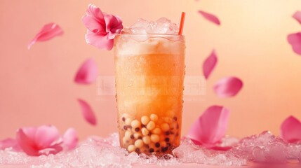 Poster - Refreshing Fruity Drink with Bubbles and Ice Surrounded by Pink Flower Petals Against a Soft Peach Background