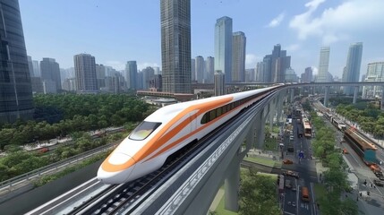 Aufkleber - High-Speed Train Traveling Through Modern Cityscape with Skyscrapers and Urban Infrastructure, Showcasing Innovative Transportation Solutions and Urban Development