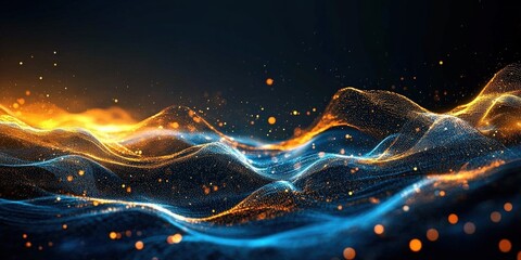 Poster - Abstract Digital Waves with Vibrant Light Particles in Blue and Orange Colors for Creative and Innovative Background Designs