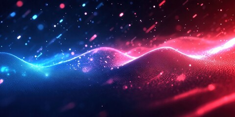 Poster - Abstract waves of vibrant blue and red light create an enchanting visual display, representing sound waves, motion, and dynamic energy in a digital landscape.