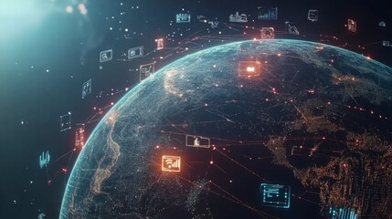Aufkleber - A Vibrant Digital Globe with Data Connections and Icon Overlays Representing Global Connectivity and Technology Innovations in a Futuristic Style