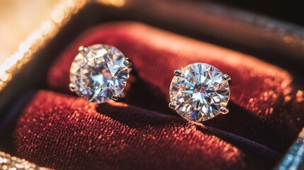 Aufkleber - Elegant and Sparkling Diamond Stud Earrings Displayed Inside a Plush Jewelry Box with Rich Red Velvet Lining Under Soft Ambient Light Reflection
