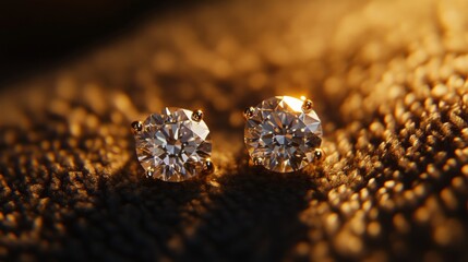 Aufkleber - Stunning Close-Up of Two Brilliant Diamond Stud Earrings on a Textured Background with Warm Lighting Creating an Elegant Atmosphere for Jewelry Lovers
