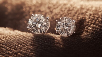 Poster - Exquisite Close-Up of Brilliant Round Cut Diamond Stud Earrings on Soft Fabric Background Highlighting Elegance and Luxury in Jewelry Design