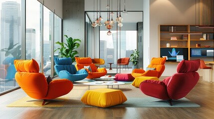 Poster - Modern study lounge with colorful furniture and digital displays