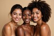 © NeedMoreMars - Celebrate Diversity and Unity: Three Beautiful Women of Different Ethnicities Smiling Together on a Beige Background