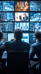 Poster - three professionals observe multiple screens displaying city metrics and surveillance footage, showc