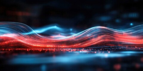 Poster - Abstract Digital Waves in Red and Blue Light Displaying Fluid Motion and Energy Flow Through Lines of Light on a Dark Background