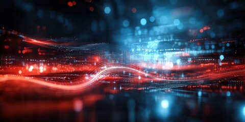 Poster - Abstract Digital Waves in Red and Blue Color Palette Representing Data Flow and Technology Background for Modern Visual Designs
