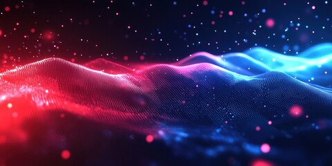 Poster - Abstract Digital Landscape with Waves of Light in Red and Blue Colors, Illuminated Particles Creating a Futuristic Aesthetic for Backgrounds and Visuals
