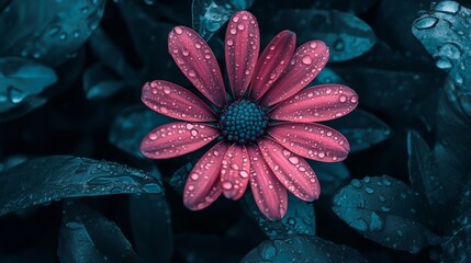 Aufkleber - Vibrant Pink Flower with Dew Drops on Dark Green Leaves, Capturing the Beauty of Nature in Macro Photography with Fine Details and Soft Lighting Effects
