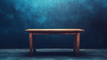 Poster - rustic wooden table against a grunge blue background ideal for interior design, furniture showcase, 