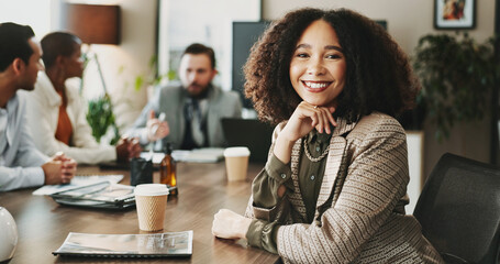 Wall Mural - Meeting, portrait and smile of business woman in boardroom with colleagues for planning. Collaboration, corporate and face of happy African manager in professional workplace for career development