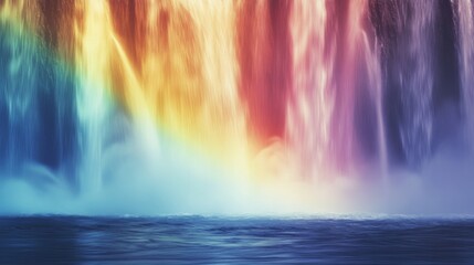 Poster - Majestic Colorful Waterfall Displaying a Vibrant Rainbow Spectrum Amidst Mist and Splashes in a Serene Natural Landscape