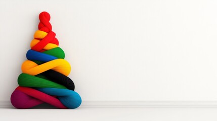 Poster - Colorful Christmas tree made of yarn is displayed against a white background. The tree is made up of many different colored yarns, creating a unique and eye-catching design