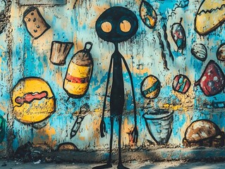 Thin Figure Surrounded by Graffiti Food Symbolizing Unattainable Nourishment