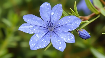 Poster - Close-Up of a Vibrant Blue Flower with Water Drops on Petals Surrounded by Green Leaves, Showcasing the Beauty of Nature and Floral Details in a Garden Setting