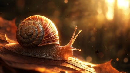 Poster - Close-Up of a Beautiful Snail with Colorful Shell on a Rustic Leaf in a Forest Setting with Soft Light and Natural Background