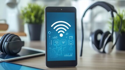 Aufkleber - Modern smartphone displaying Wi-Fi signal on the screen, surrounded by headphones and digital icons representing connectivity and technology in a contemporary workspace
