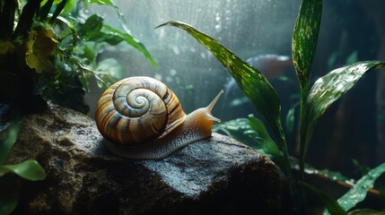 Poster - A Beautiful Spiral Shell Snail Crawling on a Rock Surrounded by Lush Green Plants in a Serene Aquatic Environment