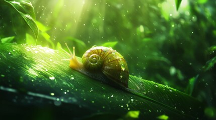 Poster - Close-up of a Snail on a Leaf Surrounded by Lush Greenery in a Serene Forest Environment with Soft Light and Dew Drops for Nature Lovers