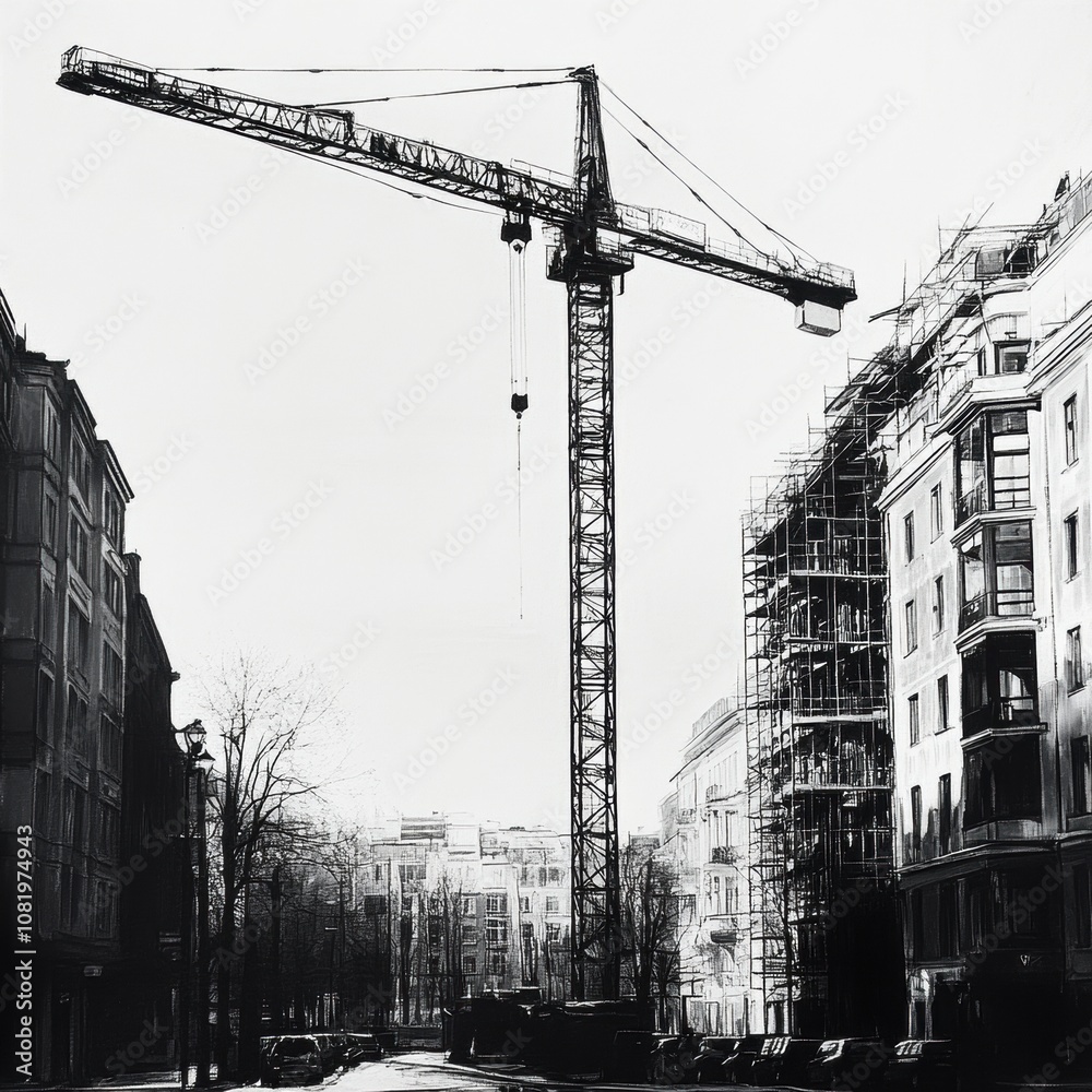 Black and white image of a large construction crane amidst urban ...
