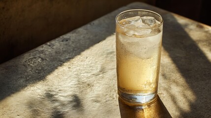 Aufkleber - Refreshing Glass of Cold Drink with Ice on Rustic Table Bathed in Soft Natural Light, Perfect for Summer Vibes and Relaxation Moments Captured in Beautiful Detail