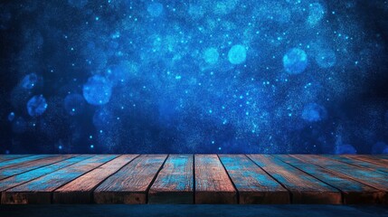 Poster - Stunning Abstract Background with Bright Blue Bokeh Lights over Rustic Wooden Surface, Ideal for Creative Projects and Visual Storytelling