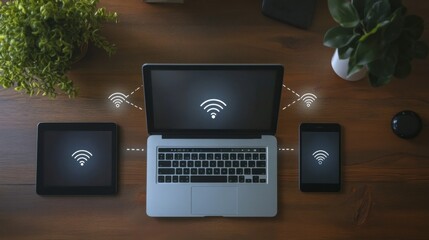 Aufkleber - Modern Workspace with Laptop, Tablet, Smartphone, and Wireless Connection Symbols on Wooden Desk for Technology and Communication Concept