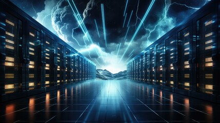 Poster - server room, data cloud storage, big databases center