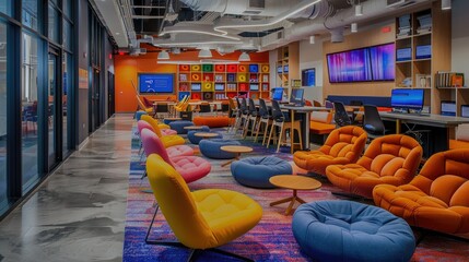 Poster - Modern study lounge with colorful furniture and digital displays