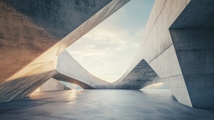 Poster - 3D render of abstract futuristic architecture with empty concrete floor