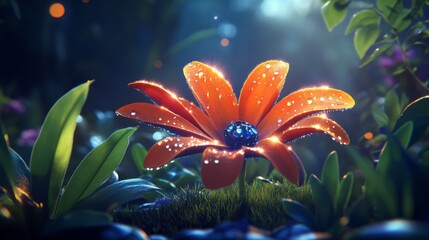 Poster - Bright Orange Flower with Dew Drops in a Lush Green Environment Surrounded by Colorful Flora and Glowing Soft Light in a Dreamy Nature Scene