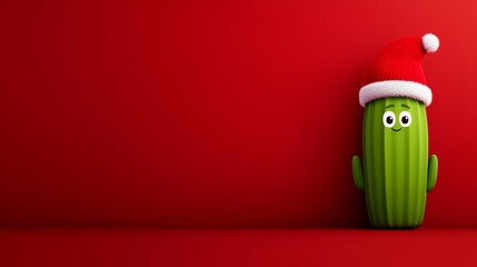 Poster - Green cactus wearing a Santa hat stands in front of a red background. The cactus is smiling and he is enjoying the festive season