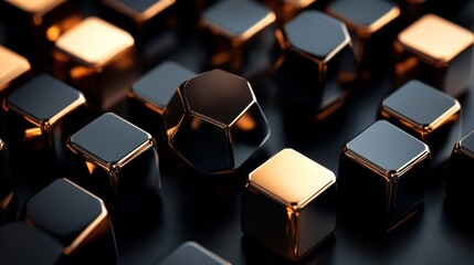 Poster - Abstract composition of metallic geometric shapes with a focus on shiny black cubes and a distinct golden pentagonal figure, showcasing modern design and elegance.