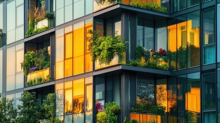 Poster - Architecture image with a modern glass building with a lot of green plants