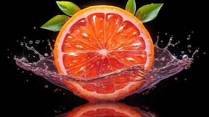 Wall Mural - A red orange half with water splashing around it on a black background.