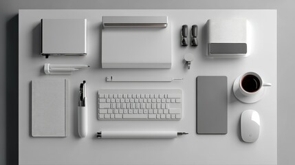 Poster - Minimalist office desk with sleek tech gadgets and a cup of coffee