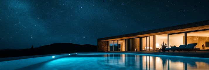 Wall Mural - Modern Architecture Under a Starry Sky: Luxury Home with Pool
