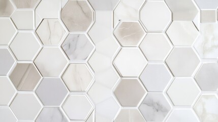 Poster - Elegant Hexagonal Tile Design Featuring Shades of White and Gray, Perfect for Modern Interiors, Bathrooms, and Kitchens, Ideal for Home Renovation and Decoration Projects