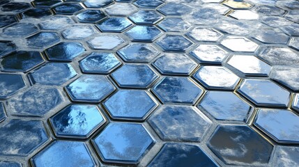 Aufkleber - Reflective Hexagonal Tiles Creating a Unique Pattern with Natural Reflections of Sky and Surroundings in a Modern Architectural Setting