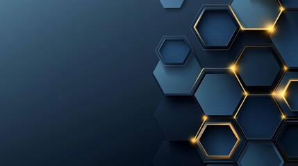 Poster - abstract hexagon background design with glowing accents, featuring a dark blue color palette and a m